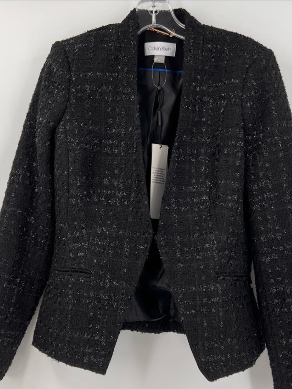 NWT Calvin Klein Tweed Blazer Jacket 6 Black Silver Metallic Boucle Open Front - Picture 3 of 13